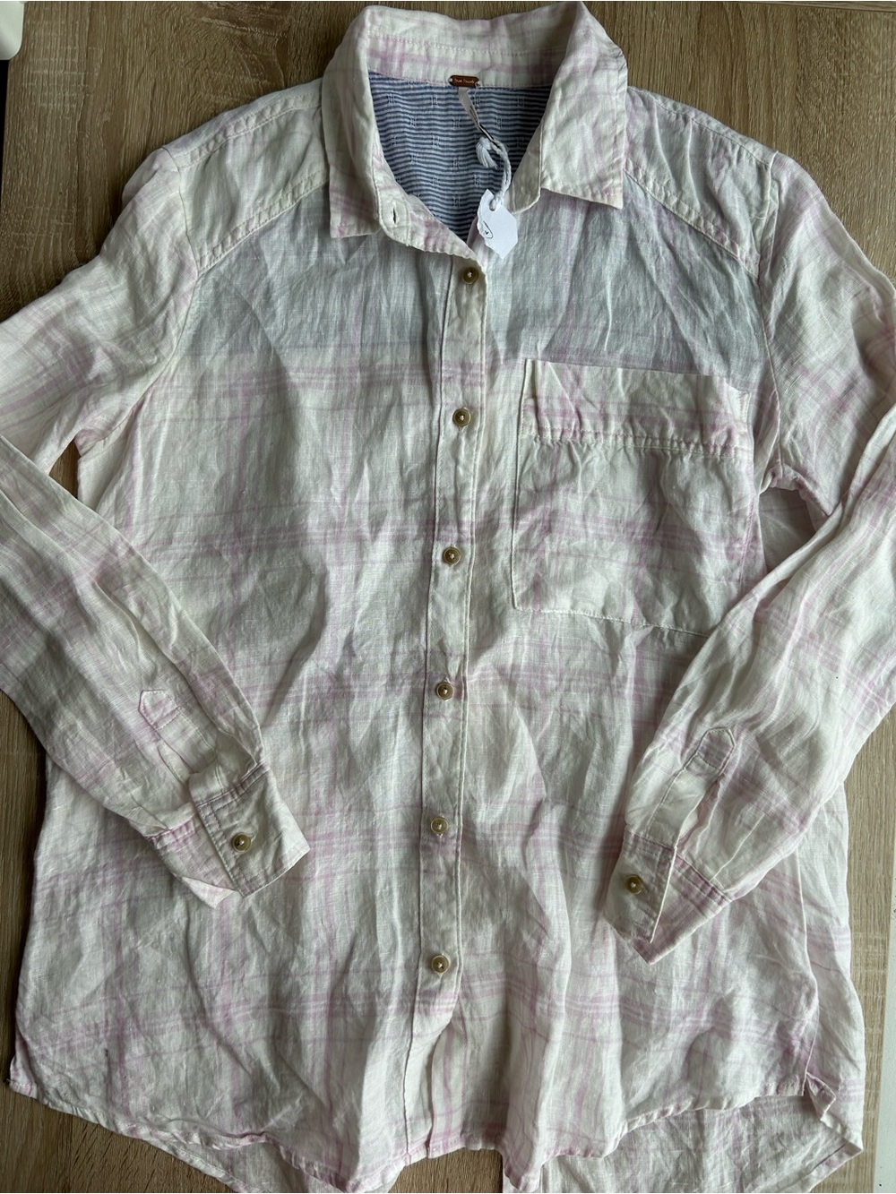 Free People No Limits Plaid Light Pink and White Linen Plaid Button-Up Shirt NWT